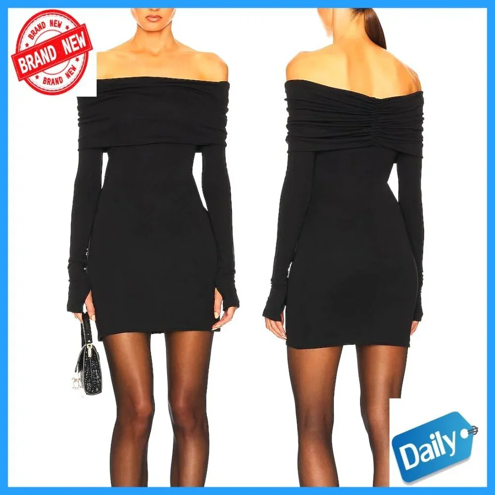 Off Shoulder Long Sleeve Bodycon Mini Dress Ribbed Knit Club Party